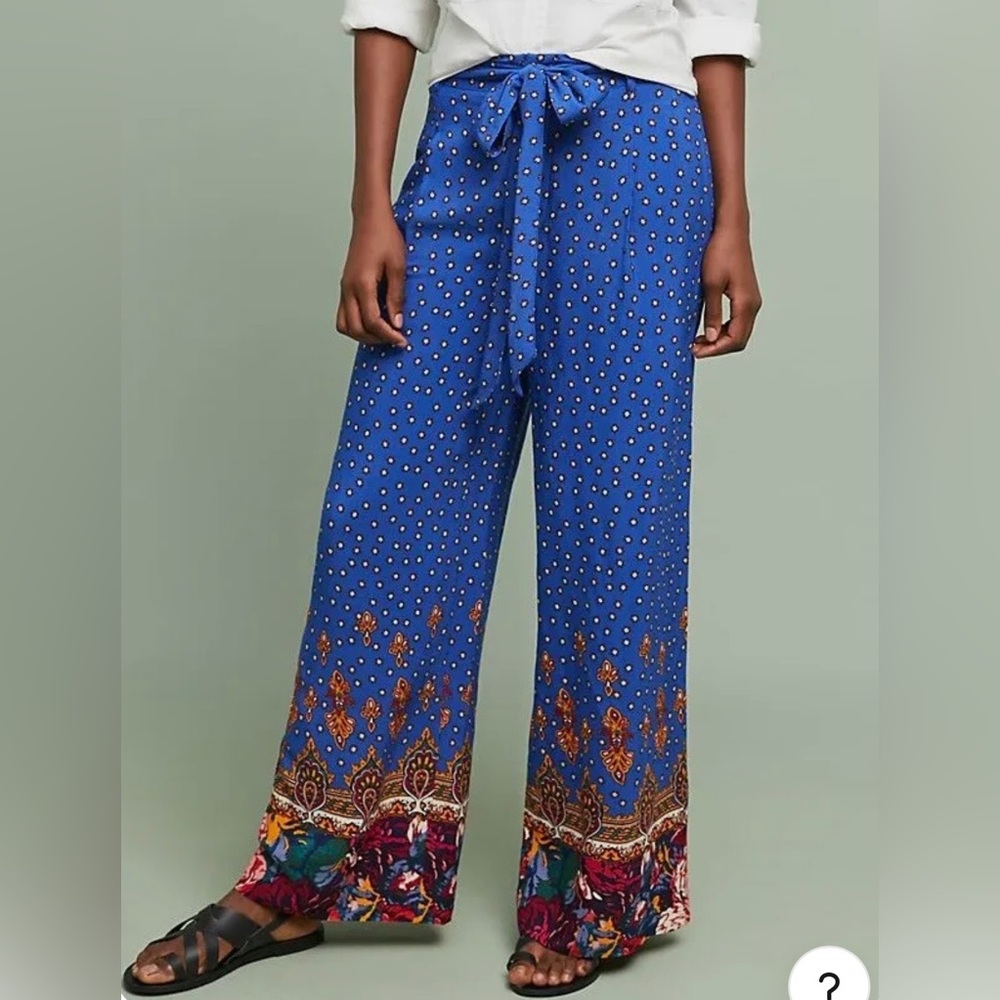 Anthropologie Ett Twa Printed Wide Leg Floral Pants Royal Blue 6
